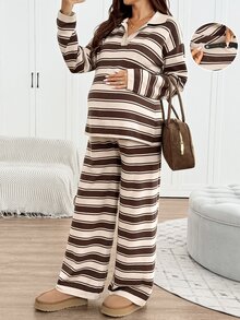 SHEIN Setelan Sweater Rajut dan Celana Panjang Kasual Musim Gugur/Dingin untuk Ibu Hamil - Coklat - View 7