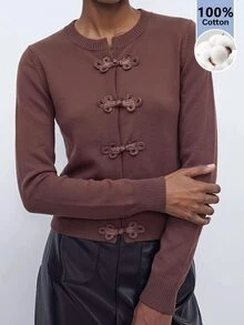 Maija Cardigan Rajut Lengan Panjang Warna Polos dengan Kancing Katak untuk Wanita, Pakaian untuk Acara Keluar, Pakaian Kerja untuk Wanita, Pakaian Musim Gugur - Khaki - View 4