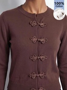 Maija Cardigan Rajut Lengan Panjang Warna Polos dengan Kancing Katak untuk Wanita, Pakaian untuk Acara Keluar, Pakaian Kerja untuk Wanita, Pakaian Musim Gugur - Khaki - View 5