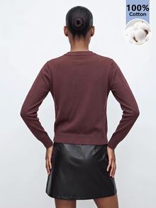 Maija Cardigan Rajut Lengan Panjang Warna Polos dengan Kancing Katak untuk Wanita, Pakaian untuk Acara Keluar, Pakaian Kerja untuk Wanita, Pakaian Musim Gugur - Khaki - View 3