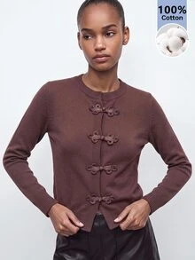 Maija Cardigan Rajut Lengan Panjang Warna Polos dengan Kancing Katak untuk Wanita, Pakaian untuk Acara Keluar, Pakaian Kerja untuk Wanita, Pakaian Musim Gugur - Khaki - View 6