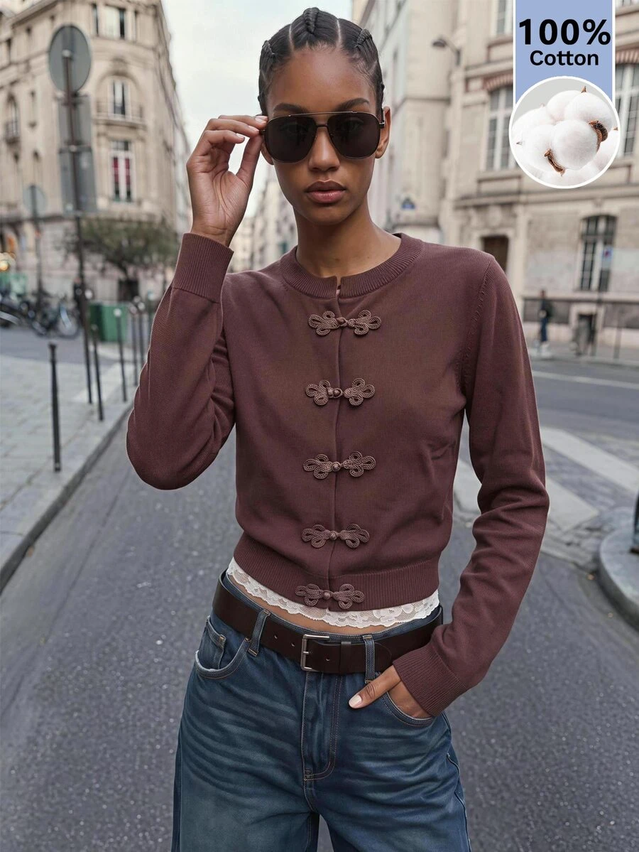 Maija Cardigan Rajut Lengan Panjang Warna Polos dengan Kancing Katak untuk Wanita, Pakaian untuk Acara Keluar, Pakaian Kerja untuk Wanita, Pakaian Musim Gugur - Khaki - View 1