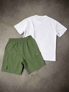 Manfinity Homme Men's Casual Contrast Color Pocket T-Shirt And Shorts Set, Summer Men 2 Pieces Outfits Short Set - Army Green - View 2