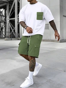 Manfinity Homme Men's Casual Contrast Color Pocket T-Shirt And Shorts Set, Summer Men 2 Pieces Outfits Short Set - Army Green - View 1