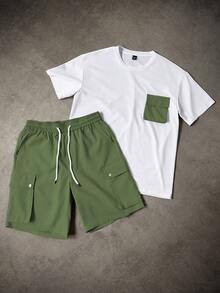 Manfinity Homme Men's Casual Contrast Color Pocket T-Shirt And Shorts Set, Summer Men 2 Pieces Outfits Short Set - Army Green - View 4
