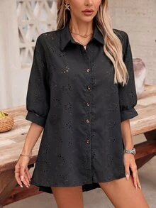 SHEIN VCAY Women's Embroidery Puff Sleeve Single-Breasted Casual Blouse - Black - View 4