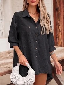SHEIN VCAY Women's Embroidery Puff Sleeve Single-Breasted Casual Blouse - Black - View 7