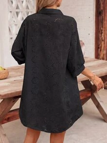 SHEIN VCAY Women's Embroidery Puff Sleeve Single-Breasted Casual Blouse - Black - View 3