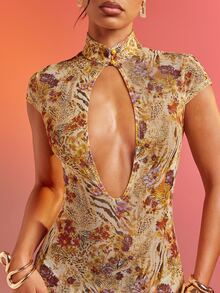 Hauture Abstract Floral Animal Print Lace Mesh Dress Vacation Dress - Multicolor - View 2