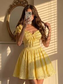 SHEIN MOD Women's Light Yellow Short Sleeve Puff Sleeve Off-Shoulder Bowknot Tie-Up Textured Jacquard Mini Dress For Back To School Date Garden Party - Yellow - View 10