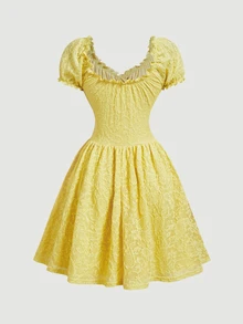 SHEIN MOD Women's Light Yellow Short Sleeve Puff Sleeve Off-Shoulder Bowknot Tie-Up Textured Jacquard Mini Dress For Back To School Date Garden Party - Yellow - View 6