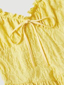 SHEIN MOD Women's Light Yellow Short Sleeve Puff Sleeve Off-Shoulder Bowknot Tie-Up Textured Jacquard Mini Dress For Back To School Date Garden Party - Yellow - View 3