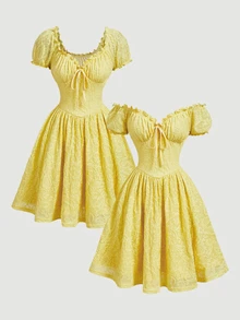 SHEIN MOD Women's Light Yellow Short Sleeve Puff Sleeve Off-Shoulder Bowknot Tie-Up Textured Jacquard Mini Dress For Back To School Date Garden Party - Yellow - View 11