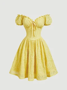SHEIN MOD Women's Light Yellow Short Sleeve Puff Sleeve Off-Shoulder Bowknot Tie-Up Textured Jacquard Mini Dress For Back To School Date Garden Party - Yellow - View 8