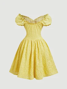 SHEIN MOD Women's Light Yellow Short Sleeve Puff Sleeve Off-Shoulder Bowknot Tie-Up Textured Jacquard Mini Dress For Back To School Date Garden Party - Yellow - View 7