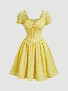 SHEIN MOD Women's Light Yellow Short Sleeve Puff Sleeve Off-Shoulder Bowknot Tie-Up Textured Jacquard Mini Dress For Back To School Date Garden Party - Yellow - View 5