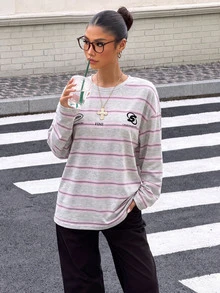 Muchica Women's Knit Striped Loose Long Sleeve T-Shirt - Light Grey - View 6