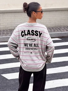 Muchica Women's Knit Striped Loose Long Sleeve T-Shirt - Light Grey - View 3