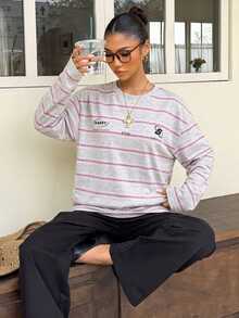 Muchica Women's Knit Striped Loose Long Sleeve T-Shirt - Light Grey - View 4