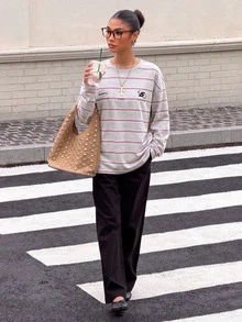Muchica Women's Knit Striped Loose Long Sleeve T-Shirt - Light Grey - View 7