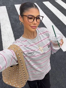 Muchica Women's Knit Striped Loose Long Sleeve T-Shirt - Light Grey - View 5