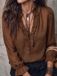 LUMIGAL Women's V-Neck Long Sleeve Linen Textured Blouse With Frill Trim, Casual Commute Style For Early Autumn - Brown - View 5