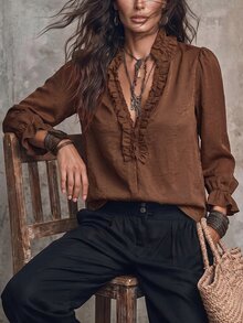 LUMIGAL Women's V-Neck Long Sleeve Linen Textured Blouse With Frill Trim, Casual Commute Style For Early Autumn - Brown - View 7