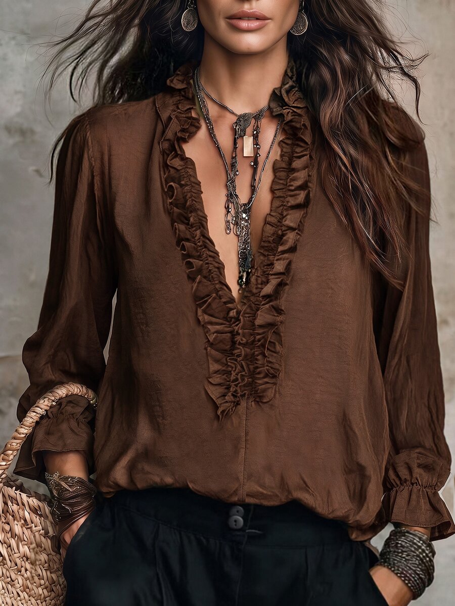 LUMIGAL Women's V-Neck Long Sleeve Linen Textured Blouse With Frill Trim, Casual Commute Style For Early Autumn - Brown - View 1