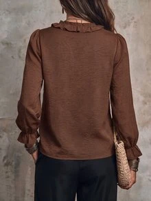 LUMIGAL Women's V-Neck Long Sleeve Linen Textured Blouse With Frill Trim, Casual Commute Style For Early Autumn - Brown - View 2