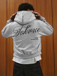 TOKVUE 男士字母印花長袖口袋設計連帽衫 - 灰色 - 查看 7