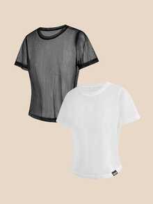 Cheerettes Women's Solid Round Neck Short Sleeve Athletic Top 2pcs/Pack, Casual Gym Workout Sportswear Activewear, All Season - Black and White - View 13