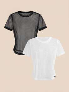 Cheerettes Women's Solid Round Neck Short Sleeve Athletic Top 2pcs/Pack, Casual Gym Workout Sportswear Activewear, All Season - Black and White - View 5