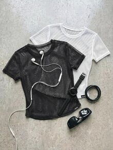 Cheerettes Women's Solid Round Neck Short Sleeve Athletic Top 2pcs/Pack, Casual Gym Workout Sportswear Activewear, All Season - Black and White - View 2