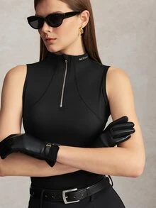 Activina 女款純色立領馬術背心，黑白配色無袖馬術上衣，前襟半開金屬拉鍊，優雅風格 - 黑與白 - 查看 8