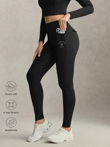 Activina 女款高腰口袋休閒日常馬術緊身褲 優雅黑色運動日常穿著 時尚休閒 透氣歐式花卉膠印 - 黑色 - 查看 2