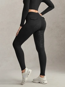 Activina 女款高腰口袋休閒日常馬術緊身褲 優雅黑色運動日常穿著 時尚休閒 透氣歐式花卉膠印 - 黑色 - 查看 3