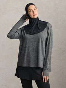 Activina Women's Modest Solid Color Casual Daily Travel Sports T-Shirt Long Sleeve Side Slit Sports Autumn Middle Eastern Sport T-Shirt Workout Breathable Gym - Grey - View 8