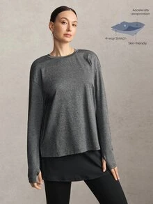 Activina Women's Modest Solid Color Casual Daily Travel Sports T-Shirt Long Sleeve Side Slit Sports Autumn Middle Eastern Sport T-Shirt Workout Breathable Gym - Grey - View 2