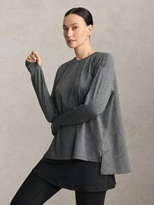 Activina Women's Modest Solid Color Casual Daily Travel Sports T-Shirt Long Sleeve Side Slit Sports Autumn Middle Eastern Sport T-Shirt Workout Breathable Gym - Grey - View 4