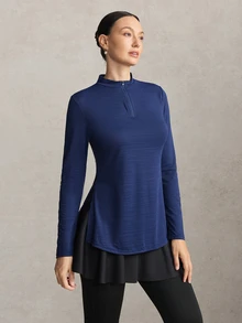 Activina Women's Modest Solid Color Cool, Skin-Friendly And Breathable Slim Fit Long Sleeve Side Slit Sports Autumn Middle Eastern Sport T-Shirt - Navy Blue - View 5