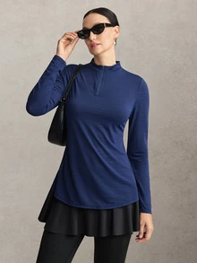 Activina Women's Modest Solid Color Cool, Skin-Friendly And Breathable Slim Fit Long Sleeve Side Slit Sports Autumn Middle Eastern Sport T-Shirt - Navy Blue - View 8