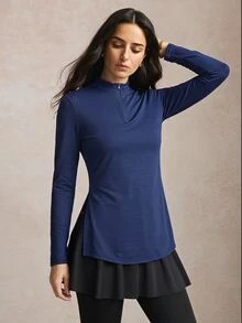 Activina Women's Modest Solid Color Cool, Skin-Friendly And Breathable Slim Fit Long Sleeve Side Slit Sports Autumn Middle Eastern Sport T-Shirt - Navy Blue - View 10
