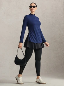 Activina Women's Modest Solid Color Cool, Skin-Friendly And Breathable Slim Fit Long Sleeve Side Slit Sports Autumn Middle Eastern Sport T-Shirt - Navy Blue - View 6