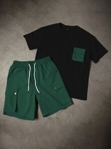 Manfinity Homme Conjunto casual diario de camiseta de manga corta con bloques de color y pantalones cortos con cintura con cordón para hombre - Multicolor - Ver 6
