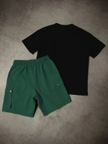 Manfinity Homme Conjunto casual diario de camiseta de manga corta con bloques de color y pantalones cortos con cintura con cordón para hombre - Multicolor - Ver 2