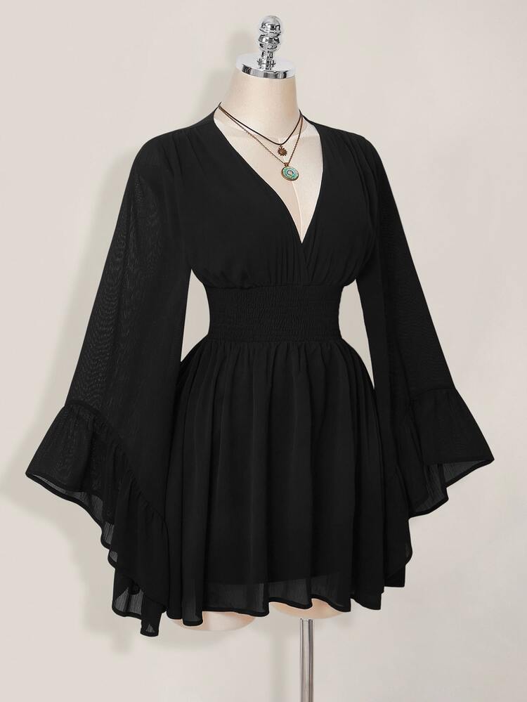 SHEIN ICON Women's Halloween Goth Sexy Black Autumn Boho Elegant Vacation V-Neck Waist Cinched Mini Dress Solid Long Bell Sleeve Corset Thanksgiving Outfit - Black - View 4