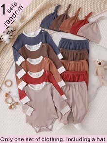 SHEIN Newborn Long Sleeve Jumpsuit, Hat And Pants Set, Navy Blue All-Over Print, Simple Versatile, Family Matching Photoshoot Autumn Casual Modest - Multicolor - View 2