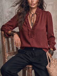 LUMIGAL 女款V領長袖亞麻紋理襯衫，附荷葉邊飾，休閒通勤風，適合初秋 - 酒紅色 - 查看 3