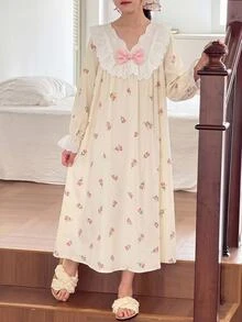 SHEIN Tween Girl Woven Floral Patchwork Contrast Color Lace Ruffle Casual Dress Loungewear - Multicolor - View 4