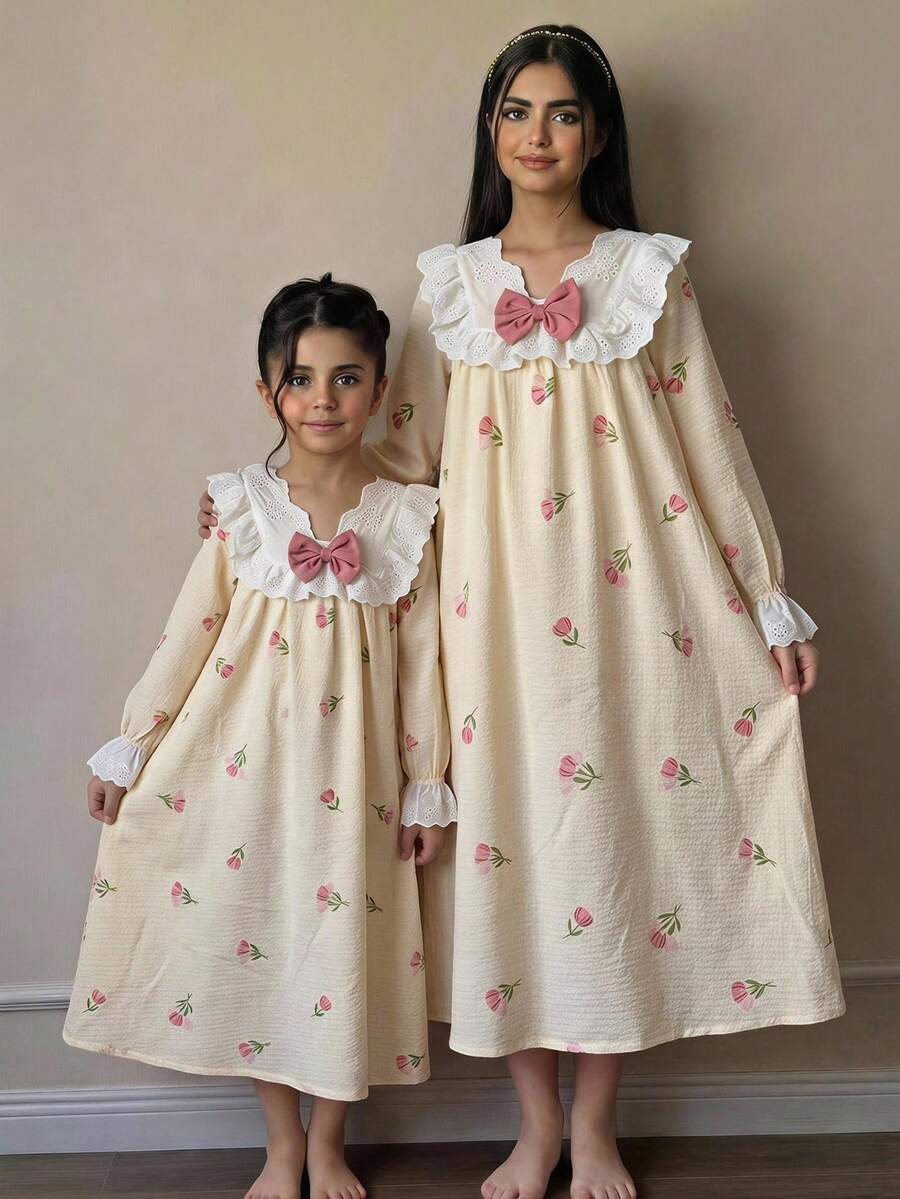 SHEIN Tween Girl Woven Floral Patchwork Contrast Color Lace Ruffle Casual Dress Loungewear - Multicolor - View 1